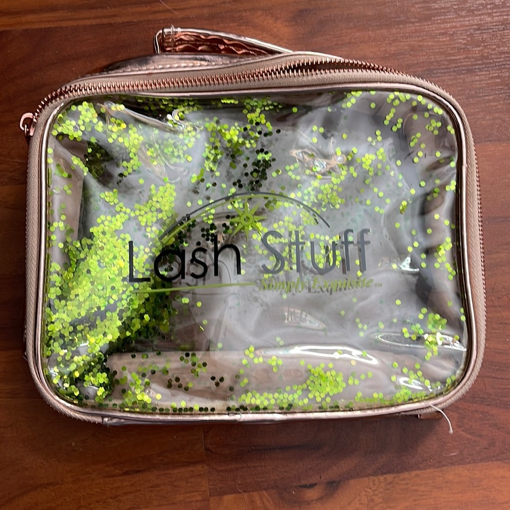 Cosmetic bag tan with green glitter